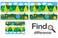 Find 10 differences, game for children, garden cartoon, education game for kids, preschool worksheet activity, task for the