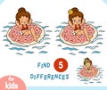 Find differences game for children, Girl and inflatable donut swimming ring