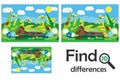 Find 10 differences, game for children, insects in cartoon style, education game for kids, preschool worksheet activity, task for