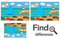 Find 10 differences, game for children, ocean life in cartoon style, education game for kids, preschool worksheet activity, task