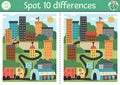 Find differences game for children with opposites. Ecological educational activity with cute eco city. Earth day puzzle for kids. Royalty Free Stock Photo