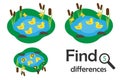 Find 5 differences, game for children, pond with ducks in cartoon style, education game for kids, preschool worksheet activity,