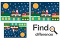 Find 10 differences, game for children, Santa on the roof. christmas cartoon, education game for kids, preschool worksheet