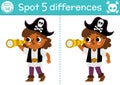 Find differences game for children. Sea adventures educational activity with cute pirate girl with telescope. Puzzle for kids with