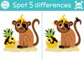 Find differences game for children. Sea adventures educational activity with cute pirate monkey and pineapple. Treasure island