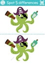 Find differences game for children. Sea adventures educational activity with cute pirate octopus and map in bottle. Treasure Royalty Free Stock Photo