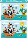 Find differences game for children. Sea adventures educational activity with cute pirate ship and treasure island. Puzzle for kids Royalty Free Stock Photo