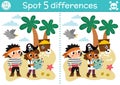 Find differences game for children. Sea adventures educational activity with cute pirates and treasure island. Puzzle for kids Royalty Free Stock Photo