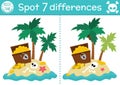 Find differences game for children. Sea adventures educational activity with cute treasure island and chest. Tropical puzzle for Royalty Free Stock Photo