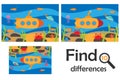 Find 10 differences, game for children, sea world underwater in cartoon style, education game for kids, preschool worksheet