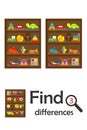 Find 3 differences, game for children, shelves with toys in cartoon style, education game for kids, preschool worksheet