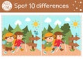 Find differences game for children. Summer camp educational activity with hiking kids, road sign, forest, bird. Printable Royalty Free Stock Photo