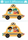 Find differences game for children. Transportation educational activity with cute taxi with passenger and driver. Cute puzzle for