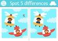 Find differences game for children. Transportation educational activity with plane and helicopter with pilots flying in the sky.