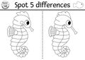 Find differences game for children. Under the sea black and white educational activity with cute seahorse. Ocean life line puzzle