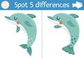 Find differences game for children. Under the sea educational activity with cute dolphin. Ocean life puzzle for kids with water