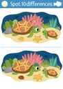 Find differences game for children. Under the sea educational activity with cute mother and baby turtle. Ocean life puzzle for