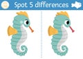 Find differences game for children. Under the sea educational activity with cute seahorse. Ocean life puzzle for kids with water