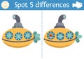 Find differences game for children. Under the sea educational activity with cute submarine. Ocean life puzzle for kids with water