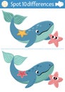 Find differences game for children. Under the sea educational activity with cute whale, starfish. Ocean life puzzle for kids with Royalty Free Stock Photo