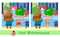 Find 9 differences. Game for children. Vector color illustration. Cartoon characters in market. Cute boy and dog buy Royalty Free Stock Photo
