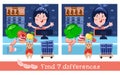 Find 7 differences. Game for children. Vector color illustration. Cartoon characters in market. Cute dog buy food in Royalty Free Stock Photo