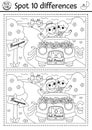 Find differences game for children. Wedding black and white activity with married couple going on honeymoon. Marriage coloring