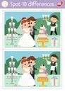 Find differences game for children. Wedding educational activity with cute married couple. Marriage ceremony puzzle for kids with Royalty Free Stock Photo