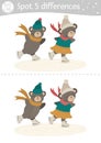 Find differences game for children. Winter educational activity with funny skating bears. Printable worksheet. Christmas holiday