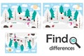 Find 10 differences, game for children, winter snowy forest in cartoon style, education game for kids, preschool worksheet Royalty Free Stock Photo