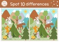 Find differences game for children. Woodland educational activity with funny camping scene. Printable worksheet with cute animals