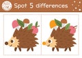 Find differences game for children. Woodland educational activity with funny hedgehog carrying apples. Printable worksheet with