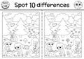 Find differences game. Ecological black and white educational activity with cute boy and girl collecting waste in the forest.