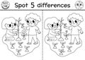 Find differences game. Ecological black and white educational activity with cute boy and girl planting tree. Earth day line puzzle