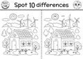 Find differences game. Ecological black and white educational activity with cute eco house, wind turbines. Earth day line puzzle
