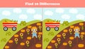 Find differences game for kids with scarecrow and field of sunflower and pumpkin harvest, farm landscape Royalty Free Stock Photo