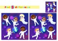 Find the differences. A group of multicultural children in astronaut costumes are in outer space.