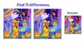 Find 11 Differences. Happy Halloween. Girl and boy eating sweets in room with pumpkins. Game for children. Activity