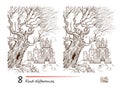 Find 8 differences. Illustration of ancient castle in the forest. Logic puzzle game for children and adults. Page for kids brain