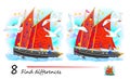 Find 8 differences. Illustration of ancient Celtic sailboat and seagulls. Logic puzzle game for children and adults. Page for kids