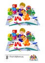 Find 8 differences. Illustration of a boy and a cat learning to read. Logic puzzle game for children and adults. Brain teaser book Royalty Free Stock Photo