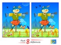 Find 8 differences. Illustration of a cute garden scarecrow. Logic puzzle game for children and adults. Page for kids brain teaser