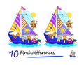 Find 10 differences. Illustration of funny monkeys in sailing. Logic puzzle game for children and adults. Page for kids brain