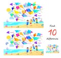 Find 10 differences. Illustration of kids playing on the beach with kites. Logic puzzle game for children and adults. Page for Royalty Free Stock Photo