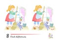 Find 8 differences. Illustration of little girl sweeping floor with her cat. Logic puzzle game for children and adults. Page for