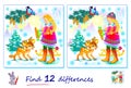 Find 12 differences. Illustration of little girl in winter forest. Logic puzzle game for children and adults. Page for kids brain