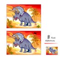 Find 8 differences. Illustration of prehistoric extinct dinosaur triceratops. Logic puzzle game for children and adults. Page for