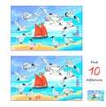 Find 10 differences. Illustration of seascape with seagulls and sailboat. Logic puzzle game for children and adults. Page for kids