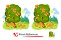 Find 10 differences. Illustration of squirrels family gathering acorns in the forest. Logic puzzle game for children and adults.