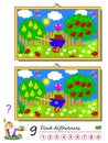 Find 9 differences. Illustration of summer garden. Logic puzzle game for children and adults. Printable page for kids textbook. Royalty Free Stock Photo